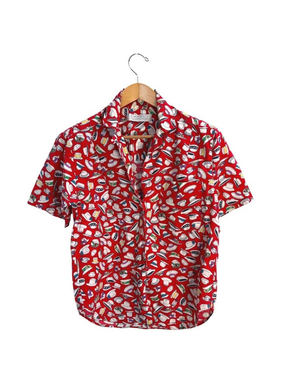 Vintage 90s Karen Scott Hat Print Camp Shirt S to XL Oversized Novelty Print
